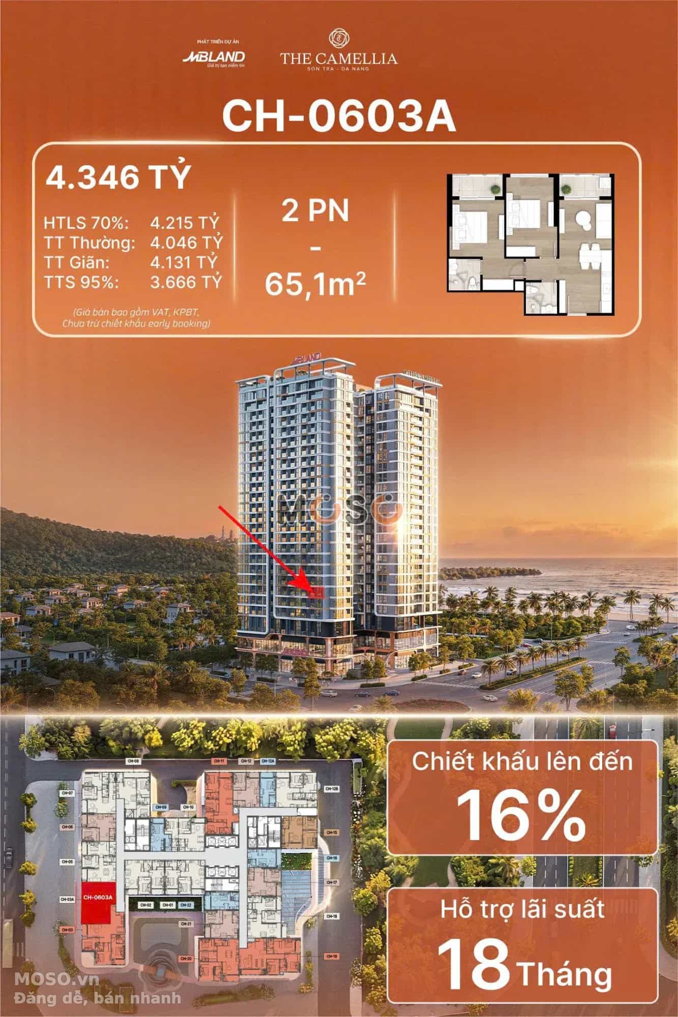 Bán căn hộ chung cư Giao lộ Lê Văn Lương - Lê Đức Thọ Quận Sơn Trà, TP. Đà Nẵng – 2 phòng ngủ, giá 3,67 tỷ