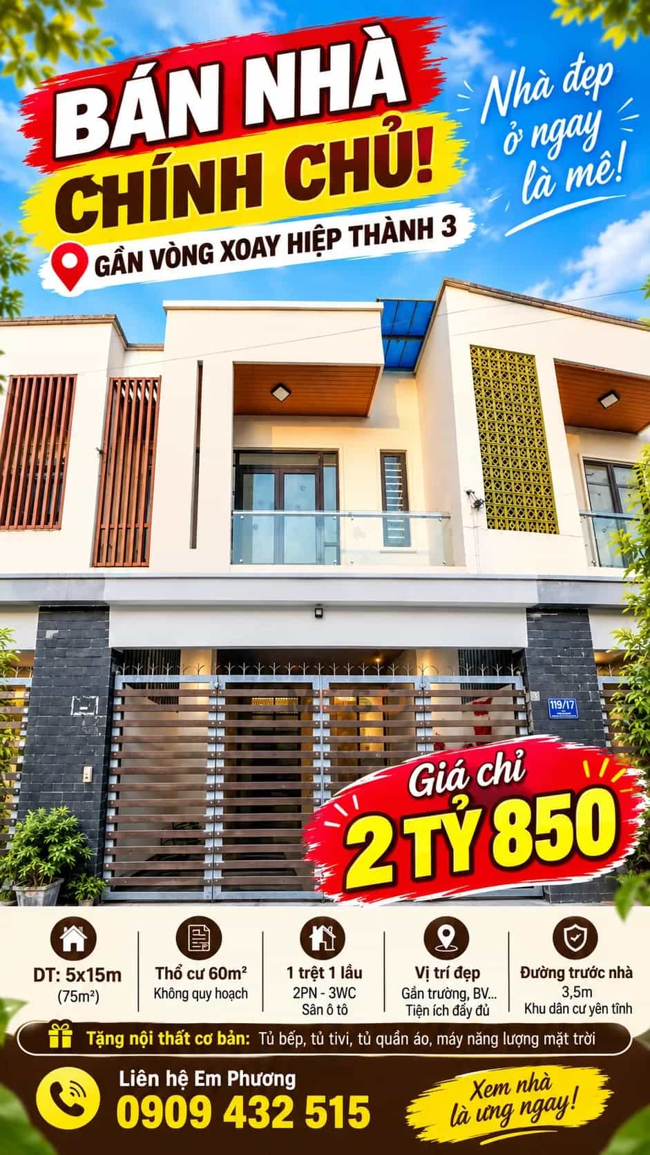 Bán nhà mặt tiền Nguyễn Văn Trỗi Thành phố Thủ Dầu Một, Bình Dương – 2 phòng ngủ, giá 2,95 tỷ